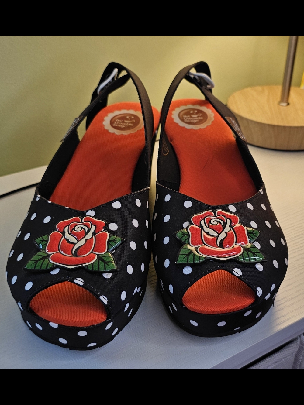 Polka Dot Peeptoe Slingback Platform Red Rose Appliqués NEW